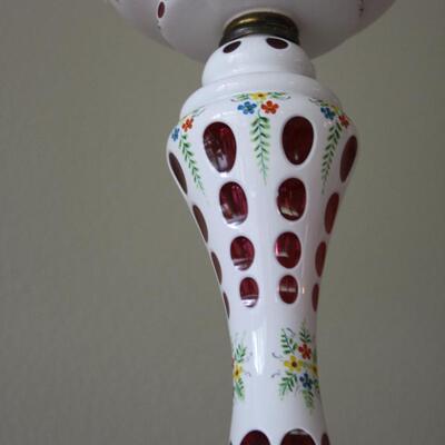 BOHEMIAN OVERLAY CZECH MOSER CUT TO CRANBERRY LAMP#53 LOCAL PICKUP ONLY
