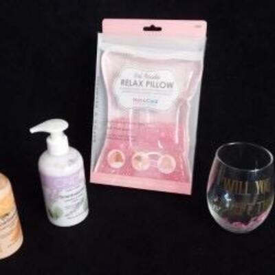 Lot 157  Gel Pillow, Body Lotions, and Wine Goblet