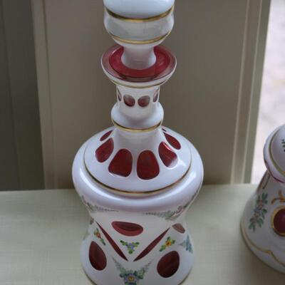 BOHEMIAN OVERLAY CZECH MOSER CUT TO CRANBERRY DECANTER #3 LOCAL PICKUP ONLY