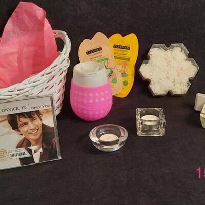 Lot 159  Wallflower Plugin, Acrylic Wine Tumbler, Harry Connick CD, Candles, Bath Items