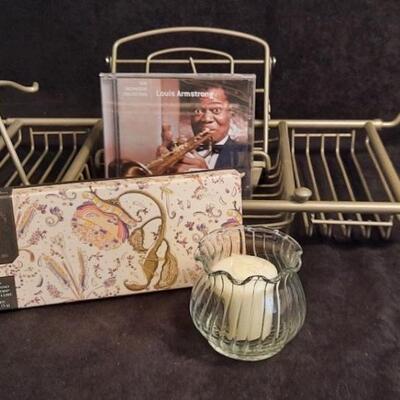 Lot 162  Tub Tray Caddy, Louis Armstrong CD, Speciality Soaps, and Candle