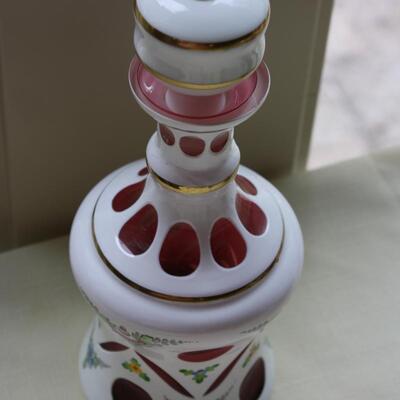 BOHEMIAN OVERLAY CZECH MOSER CUT TO CRANBERRY DECANTER #20 LOCAL PICKUP ONLY