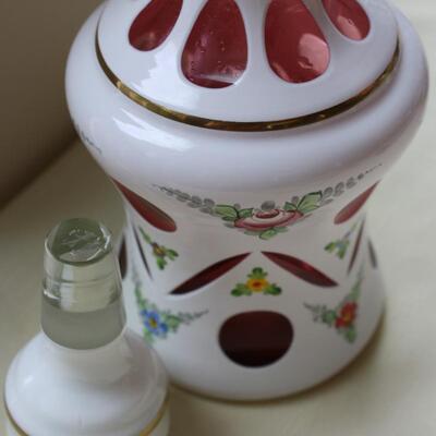 BOHEMIAN OVERLAY CZECH MOSER CUT TO CRANBERRY DECANTER #20 LOCAL PICKUP ONLY
