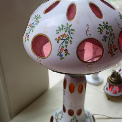 BOHEMIAN OVERLAY CZECH MOSER CUT TO CRANBERRY LAMP #21 LOCAL PICKUP ONLY