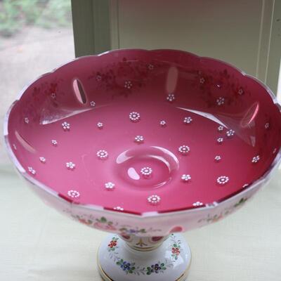 BOHEMIAN OVERLAY CZECH MOSER CUT TO CRANBERRY COMPOTE FRUIT COOKIE DISH #22 LOCAL PICKUP ONLY