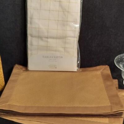 Lot 164 Round Tablecloth, Golden Placemats, Bubbled Glass Decorative Bowl/Candle Holder and Gold Beaded Pillar Candles