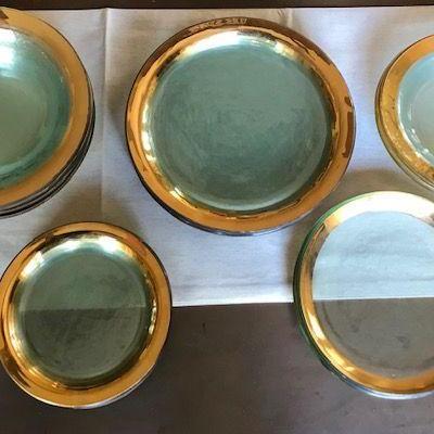 Annieglass Roman Antique Dinnerware Gold Rimmed China (25 pieces). Local pick up only in Auburn, CA.