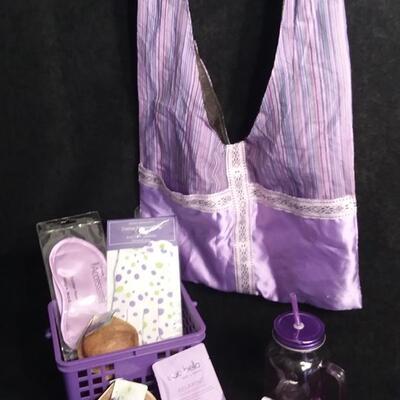 Purple Shoulder Bag, Sleep Mask, Softening Hand Gloves, 3 Lavender Soaps, Glass With Straw, and Purple Bin
