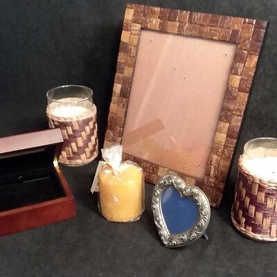 Lot 171  Glass Top Trinket/Jewelry Box, Wicker Candles, Heart Frame, Decorative Wood Block Frame and Small Pillar Candle.