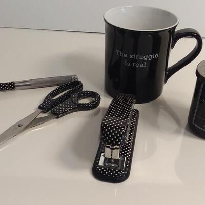 Lot 175  Mug, Candle, Polka Dot Scissors, Stapler, and Hammer with screwdriver set.