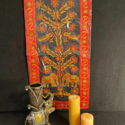 Lot 180 Embroidered Elephant Wall Hanging, Elephant Statue, 2 Pillar Candles
