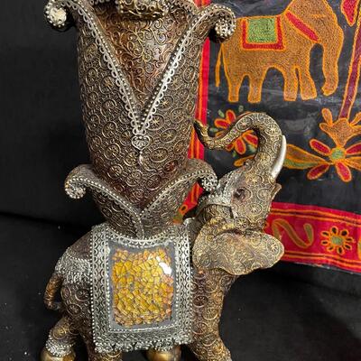 Lot 180 Embroidered Elephant Wall Hanging, Elephant Statue, 2 Pillar Candles