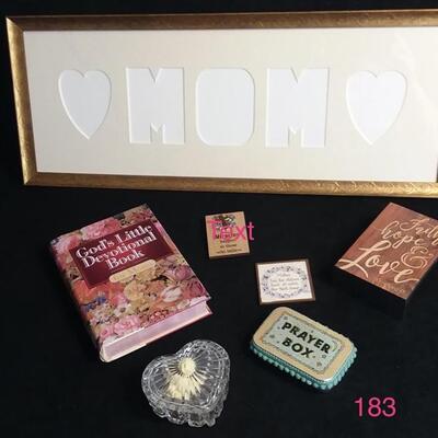 Lot 183  Mom Frame, Devotional Book, Glass Heart, Word Block, Prayer Box 