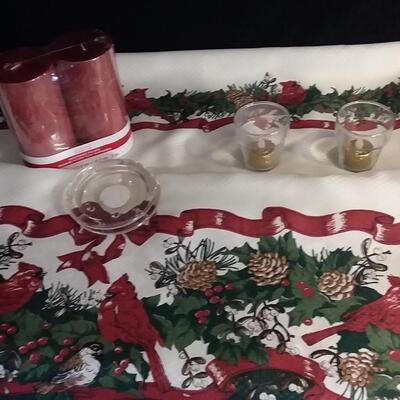 Lot 189  Christmas Tablecloth, Pillar Candles, Glitter Votives, Candle Holders