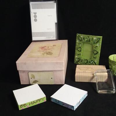 Lot 199  Writing Box, Thank You Note Cards, Photo Paperweight, Green Frame and Pen Holder