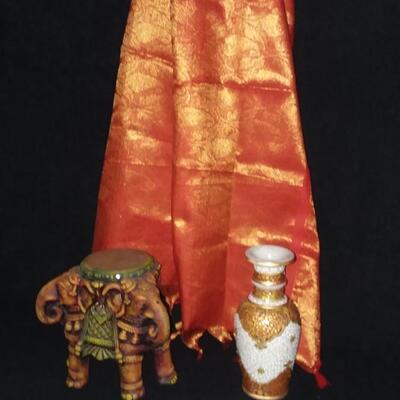Lot 203  Elephant Stand, Lovely Beaded Vase, Orange Shawl/Table Accent