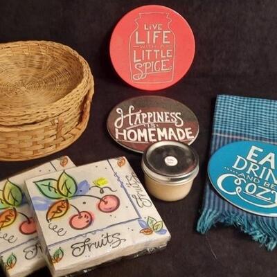 Lot 223 Napkins, Kitchen Hand Towel, Festive Plates, Candle and Wicker Paper Plate Holders