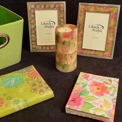 Lot 224 Storage Bin, Frames, Candle, Napkins and Photo Book