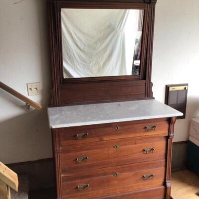 C417 Antique Victorian Eastlake Marble Top Dresser with Mirror 