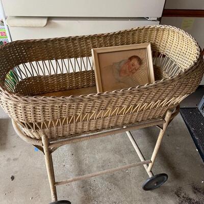 E421 Antique Wicker Bassinet with Picture 