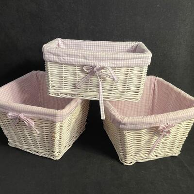 Lot 244  White Storage Baskets with Lavender Gingham Liners