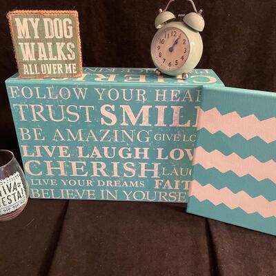 Lot 247  Turquoise Desktop Box, Alarm Clock, Wine Tumbler, Word Block, and Decorative Canvas