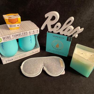 Lot 250 Pair of Wine Tumblers with Lids, Beach Grass Body Buffer, Wooden "Relax" Sign, Candle, Eyemask, Daisy Pot