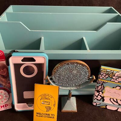 Lot 256 Turquoise Desktop Organizer with Chalkboard Front Panel, Vera Bradley Notepad, Decorative Metal Piece, Turquoise Phone Case, Pop...