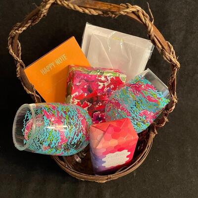 Lot 267 Lily Pulitzer Plastic Wine Glasses, Lavender Rosemary Soap, Stationary and Basket