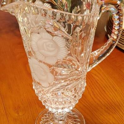#201 LEAD CRYSTAL ROMANIAN CRYSTAL PEDESTAL WATER PITCHER ETCHED ROSES