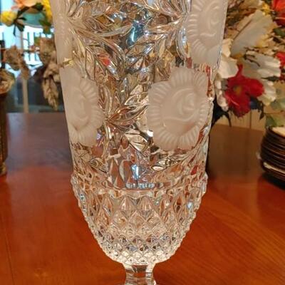 #201 LEAD CRYSTAL ROMANIAN CRYSTAL PEDESTAL WATER PITCHER ETCHED ROSES