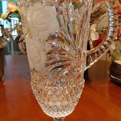 #201 LEAD CRYSTAL ROMANIAN CRYSTAL PEDESTAL WATER PITCHER ETCHED ROSES