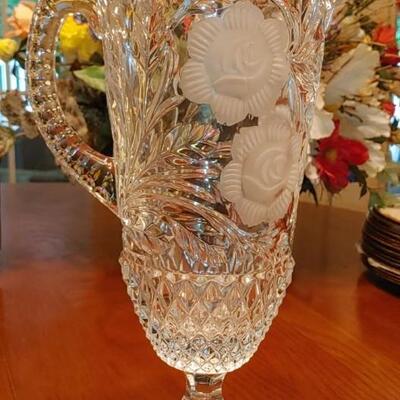 #201 LEAD CRYSTAL ROMANIAN CRYSTAL PEDESTAL WATER PITCHER ETCHED ROSES
