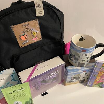Lot 293  New Pink Backpack, Cat Mug, Face Beauty Masks, Tape Dispenser and Address Book