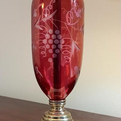 C540 Etched Cranberry Glass Lamp with Marble Base