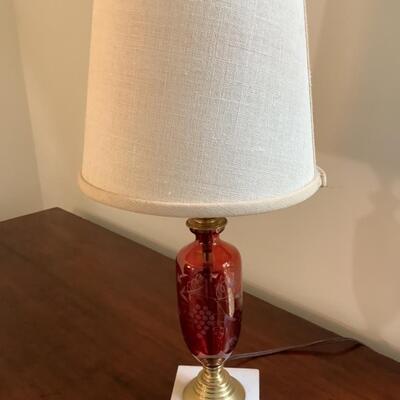 C540 Etched Cranberry Glass Lamp with Marble Base