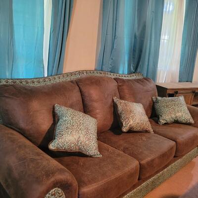 Turquoise Tooled Custom Distressed Leather Sofa