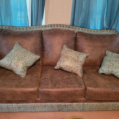 Turquoise Tooled Custom Distressed Leather Sofa