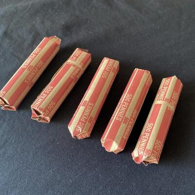 LOT#41J: Five Rolls of Wheat Cents (Various Dates)