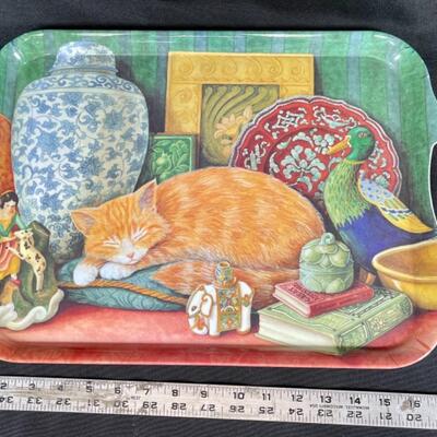 Melamine Serving Tray - Cat Sleeping on Pillow Amongst Collectibles