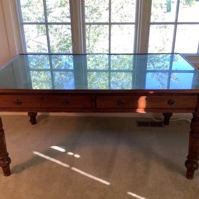 135 Antique Two Drawer Plantation Desk with Glass Insert 