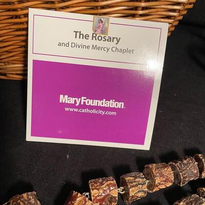 Lot 330 Oversized Wooden Rosary, Wooden Carving of Holy Family from Israel, "Footprints" Wall Hanging, Mug, and 2 Hand Towels 