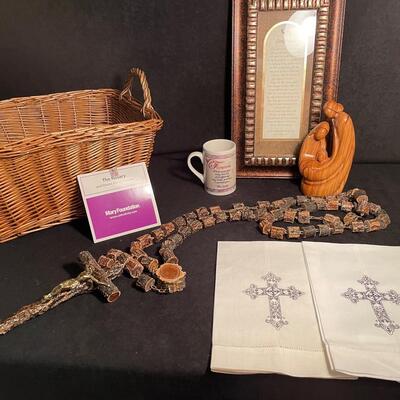 Lot 330 Oversized Wooden Rosary, Wooden Carving of Holy Family from Israel, "Footprints" Wall Hanging, Mug, and 2 Hand Towels 