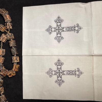 Lot 330 Oversized Wooden Rosary, Wooden Carving of Holy Family from Israel, "Footprints" Wall Hanging, Mug, and 2 Hand Towels 