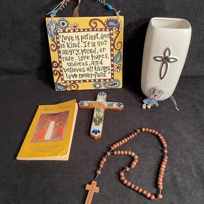 Lot 331  Lovely Ceramic Vase, Novena Booklet, Hand Painted Ceramic Cross, Wood Rosary, I Corinthians 13 Ceramic Plaque, Tiny Angel Ornament