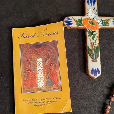 Lot 331  Lovely Ceramic Vase, Novena Booklet, Hand Painted Ceramic Cross, Wood Rosary, I Corinthians 13 Ceramic Plaque, Tiny Angel Ornament
