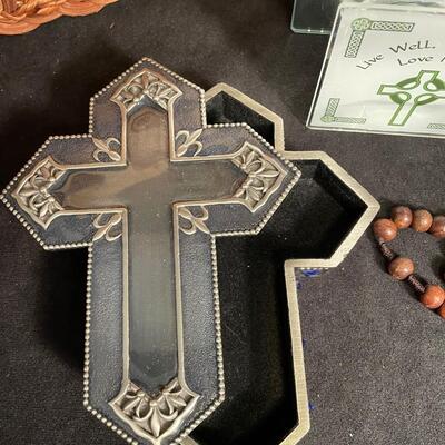 Lot 341 Basket, Rosary, "The Blessing Cup" Booklet and Cup, Crucifix, Cross Trinket Box, Votive Holder