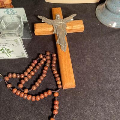 Lot 341 Basket, Rosary, "The Blessing Cup" Booklet and Cup, Crucifix, Cross Trinket Box, Votive Holder