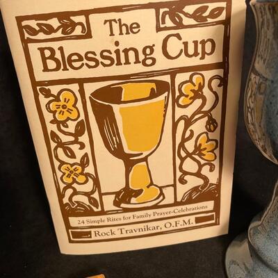 Lot 341 Basket, Rosary, "The Blessing Cup" Booklet and Cup, Crucifix, Cross Trinket Box, Votive Holder