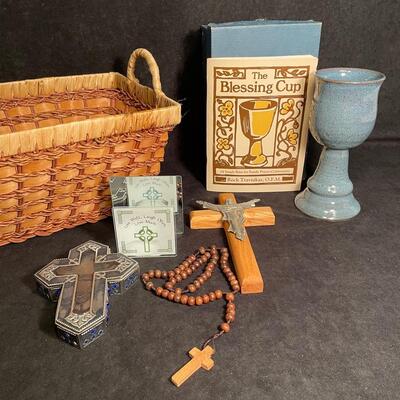 Lot 341 Basket, Rosary, "The Blessing Cup" Booklet and Cup, Crucifix, Cross Trinket Box, Votive Holder